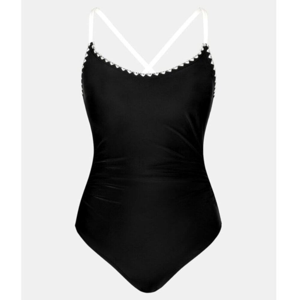Cupshe Women Black Scallop Shell Stiched Trim One Piece Swimsuit Ruched M NWT - Picture 7 of 12